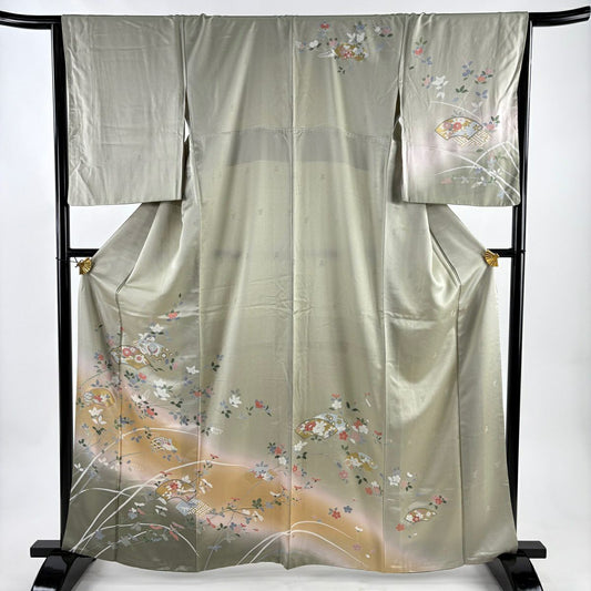 訪問服 身長162.5cm 袖長65cm M 雙層 扇子面 草花紋紋 金彩裝飾 漸層 灰綠 純蠶絲 秀品級