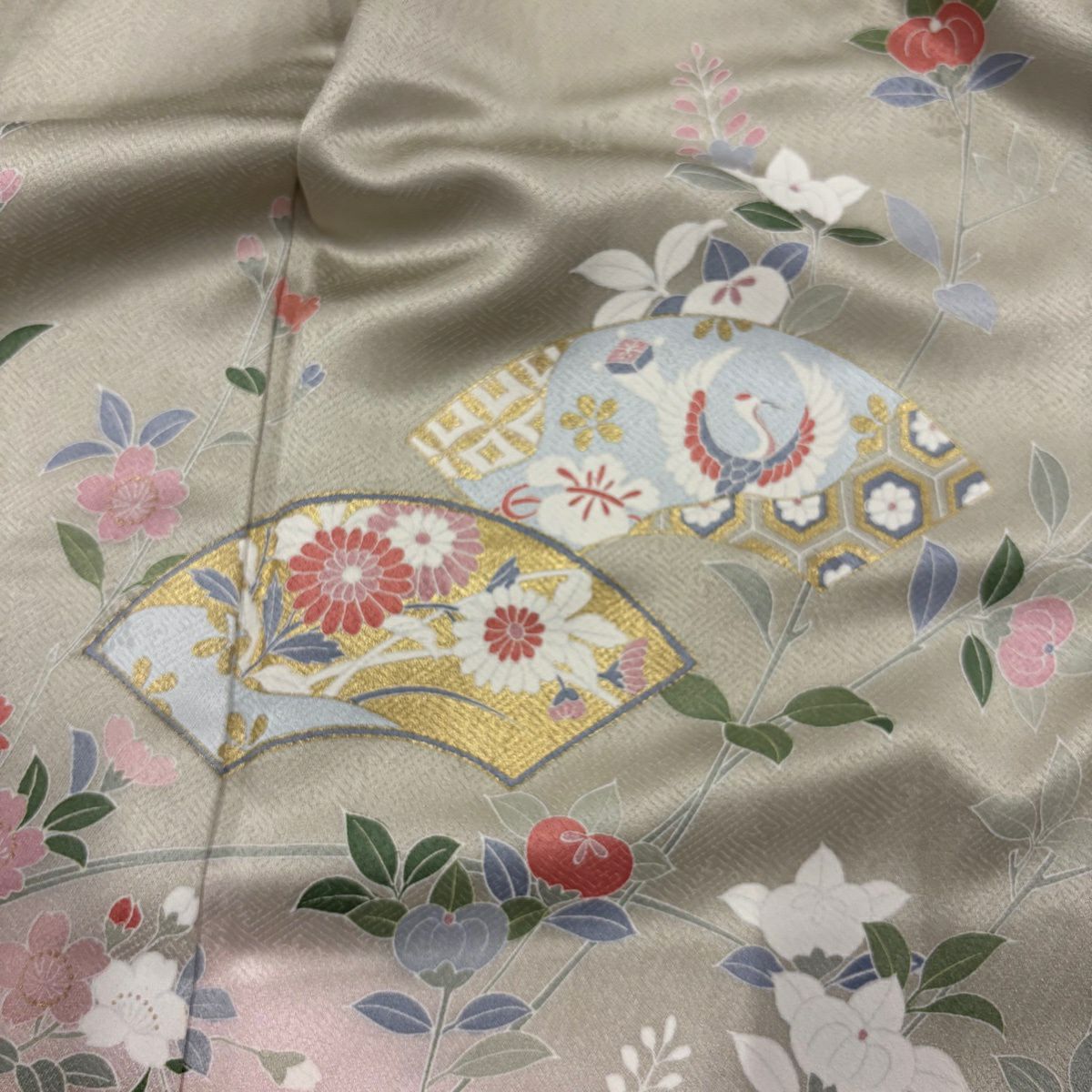 訪問服 身長162.5cm 袖長65cm M 雙層 扇子面 草花紋紋 金彩裝飾 漸層 灰綠 純蠶絲 秀品級