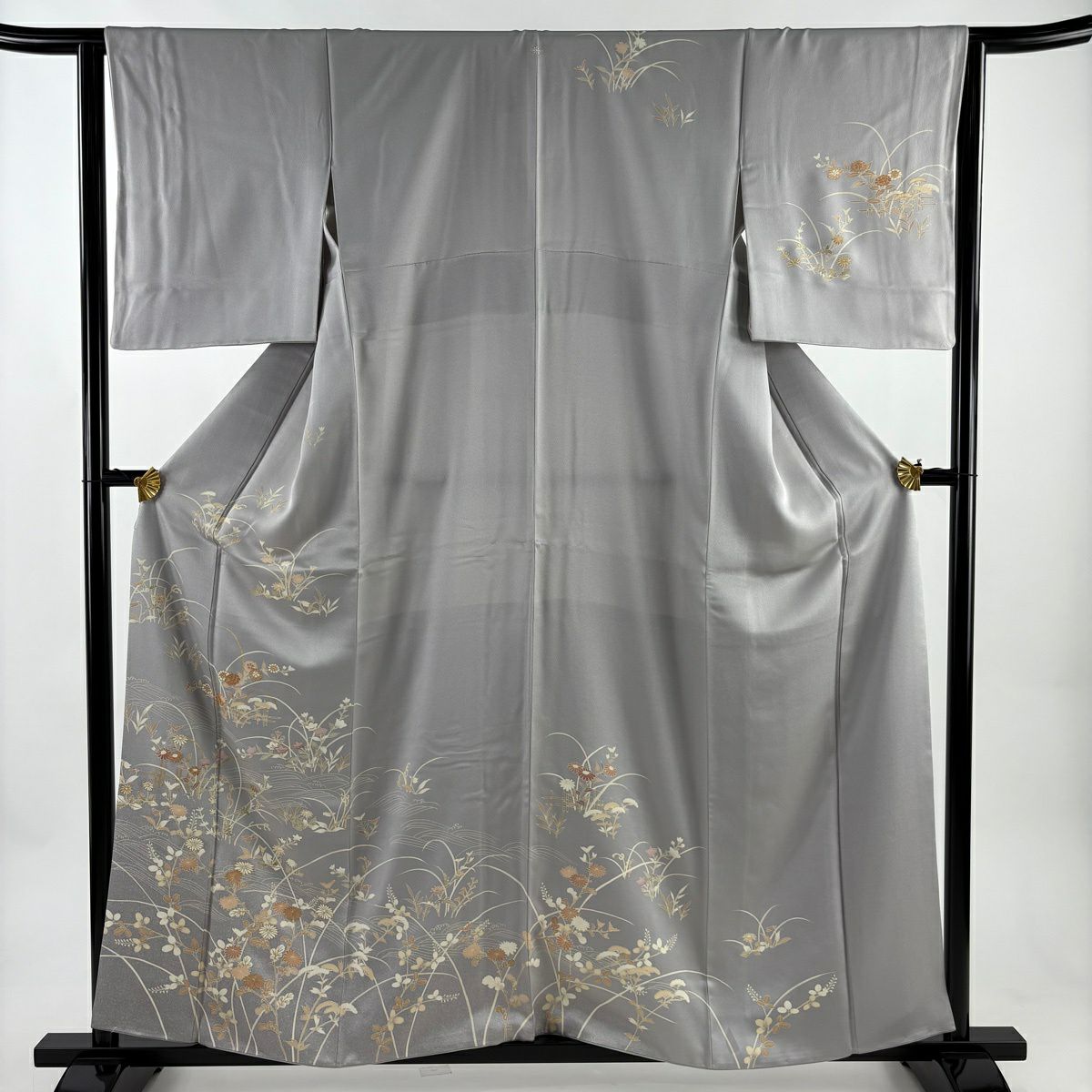 訪問服 身長160cm 袖長63.5cm S 雙層 秋草 波 金絲 金銀彩 灰 純蠶絲 秀品級 一つ紋