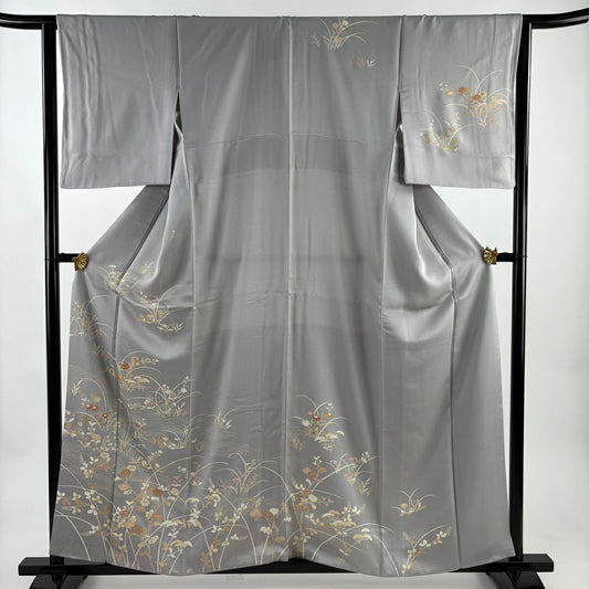 訪問服 身長160cm 袖長63.5cm S 雙層 秋草 波 金絲 金銀彩 灰 純蠶絲 秀品級 一つ紋