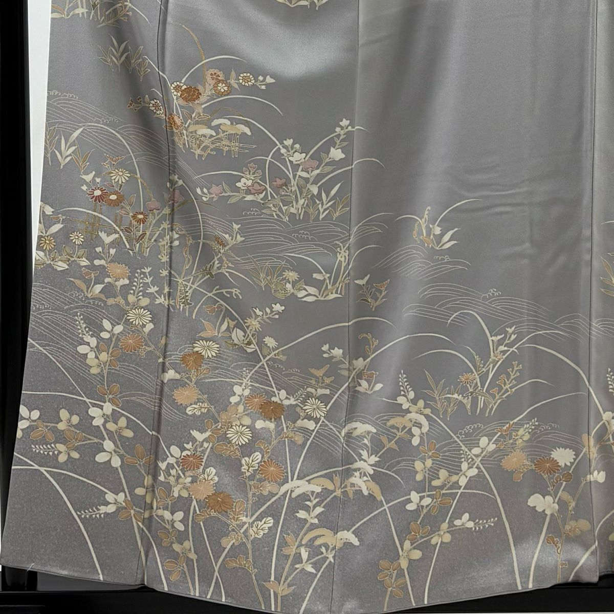 訪問服 身長160cm 袖長63.5cm S 雙層 秋草 波 金絲 金銀彩 灰 純蠶絲 秀品級 一つ紋