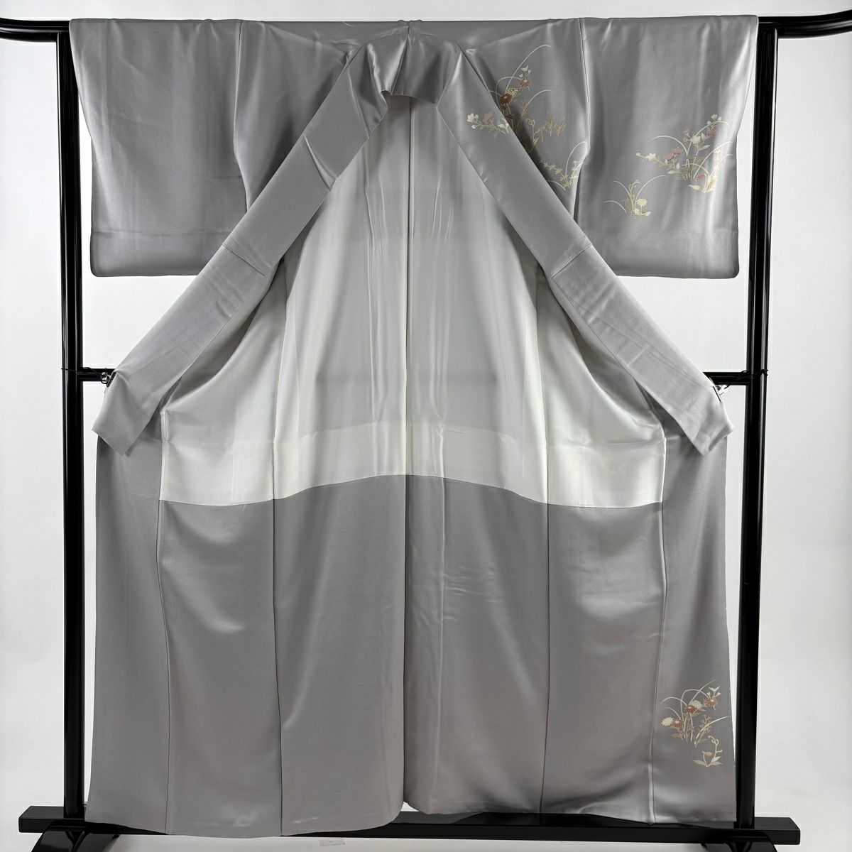 訪問服 身長160cm 袖長63.5cm S 雙層 秋草 波 金絲 金銀彩 灰 純蠶絲 秀品級 一つ紋