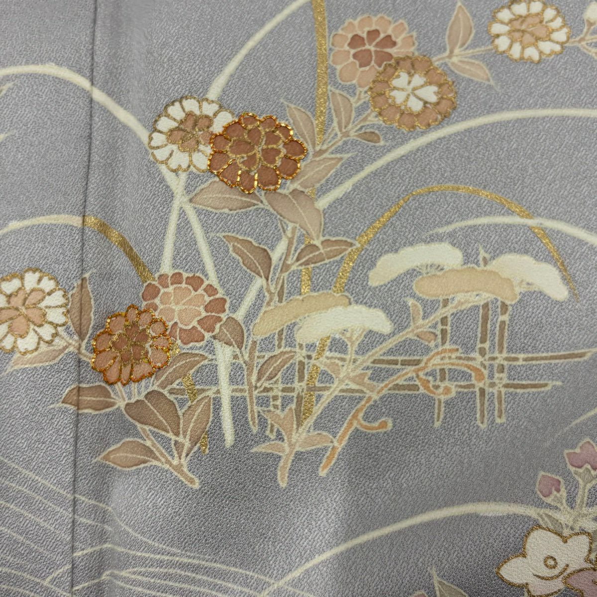 訪問服 身長160cm 袖長63.5cm S 雙層 秋草 波 金絲 金銀彩 灰 純蠶絲 秀品級 一つ紋