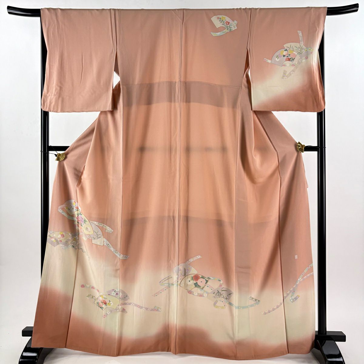 訪問服 身長166cm 袖長67.5cm L 雙層 落款有 扇子面 草花紋紋 金糸 漸層 粉紅 純蠶絲 優品級
