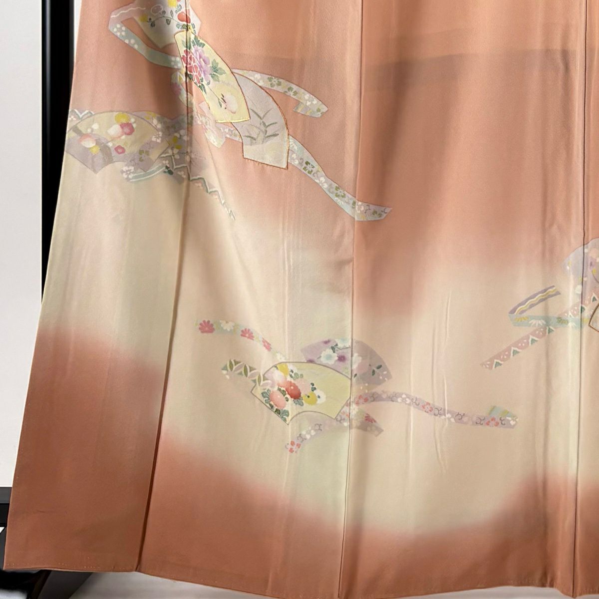 訪問服 身長166cm 袖長67.5cm L 雙層 落款有 扇子面 草花紋紋 金糸 漸層 粉紅 純蠶絲 優品級