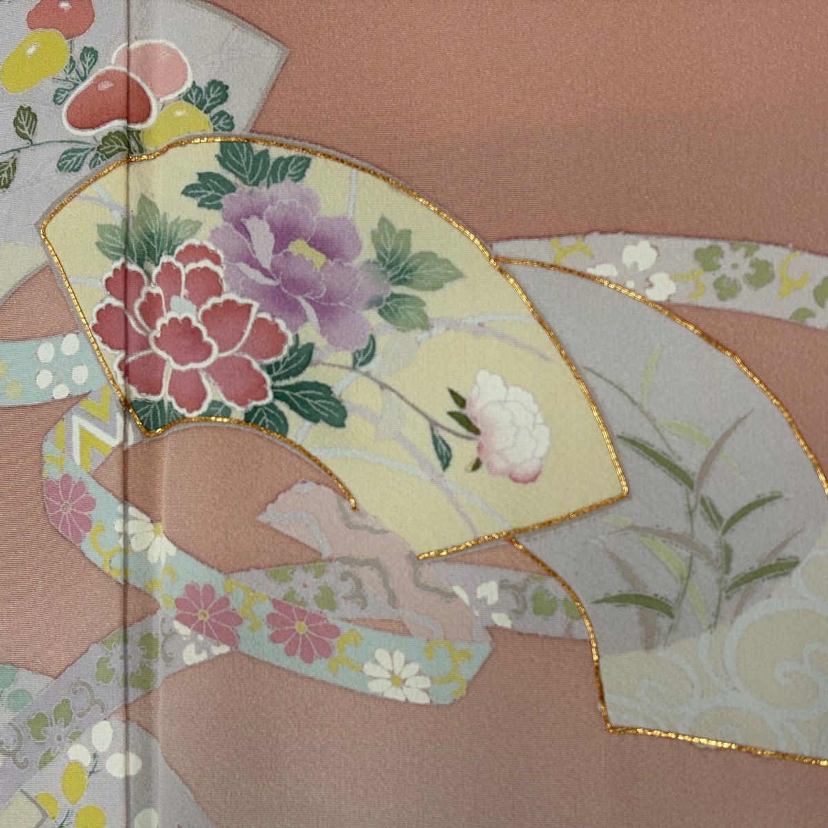 訪問服 身長166cm 袖長67.5cm L 雙層 落款有 扇子面 草花紋紋 金糸 漸層 粉紅 純蠶絲 優品級