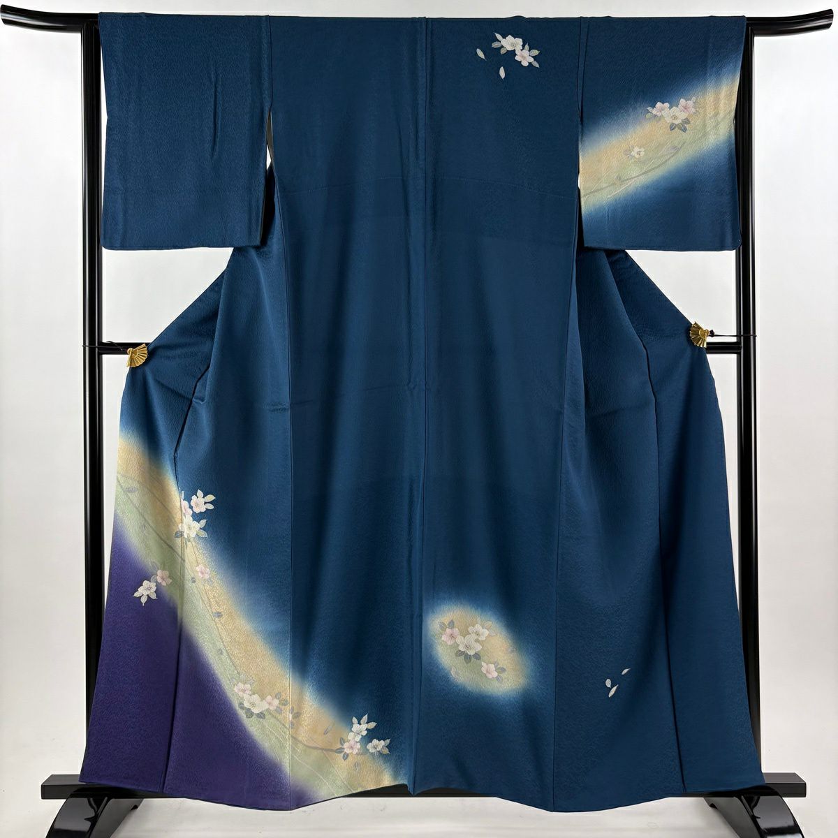 付下 身長159cm 袖長65.5cm M 雙層 花 漸層 深藍 純蠶絲 優品級