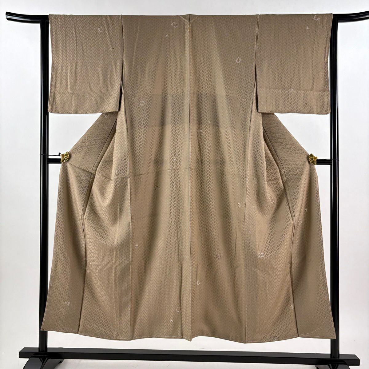【美品】 小紋 身長150cm 袖長64cm M 雙層 花丸紋 地紋 金彩裝飾 薄茶 純蠶絲 秀品級 一つ紋