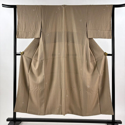 【美品】 小紋 身長150cm 袖長64cm M 雙層 花丸紋 地紋 金彩裝飾 薄茶 純蠶絲 秀品級 一つ紋