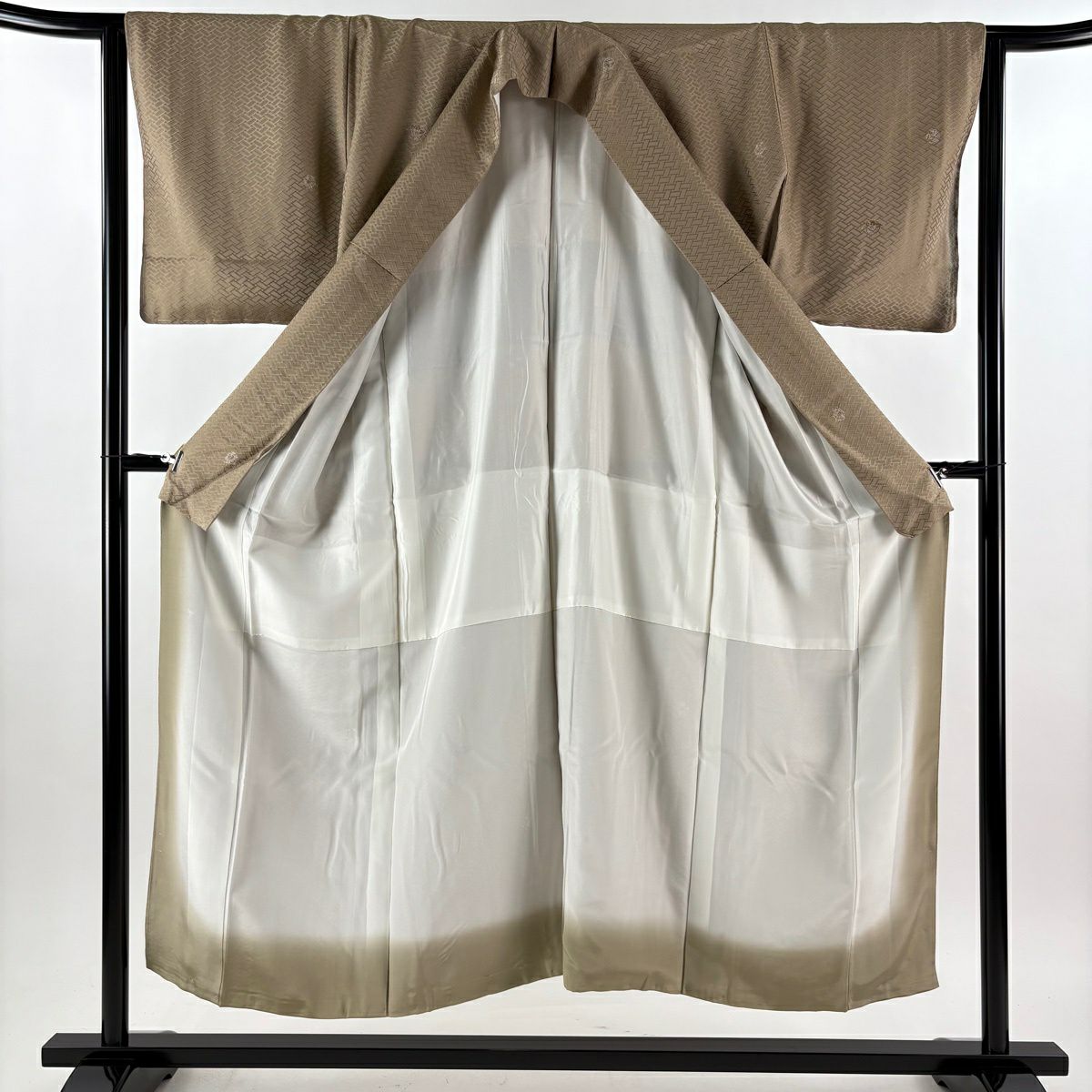 【美品】 小紋 身長150cm 袖長64cm M 雙層 花丸紋 地紋 金彩裝飾 薄茶 純蠶絲 秀品級 一つ紋
