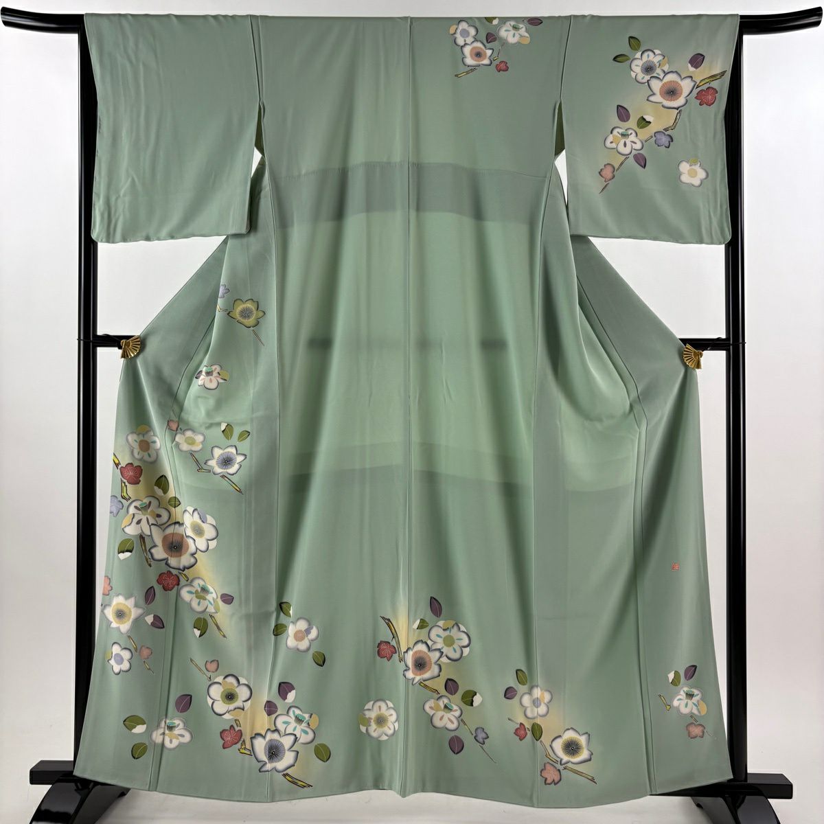 訪問服 身長161.5cm 袖長66cm M 雙層 落款あり 梅花 椿 漸層 灰綠 純蠶絲 秀品級