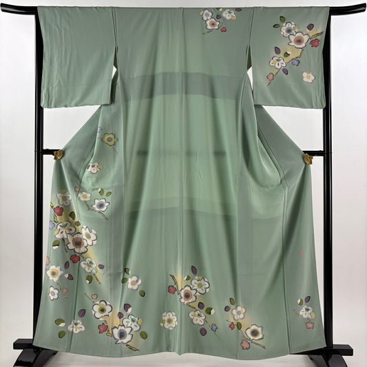 訪問服 身長161.5cm 袖長66cm M 雙層 落款あり 梅花 椿 漸層 灰綠 純蠶絲 秀品級