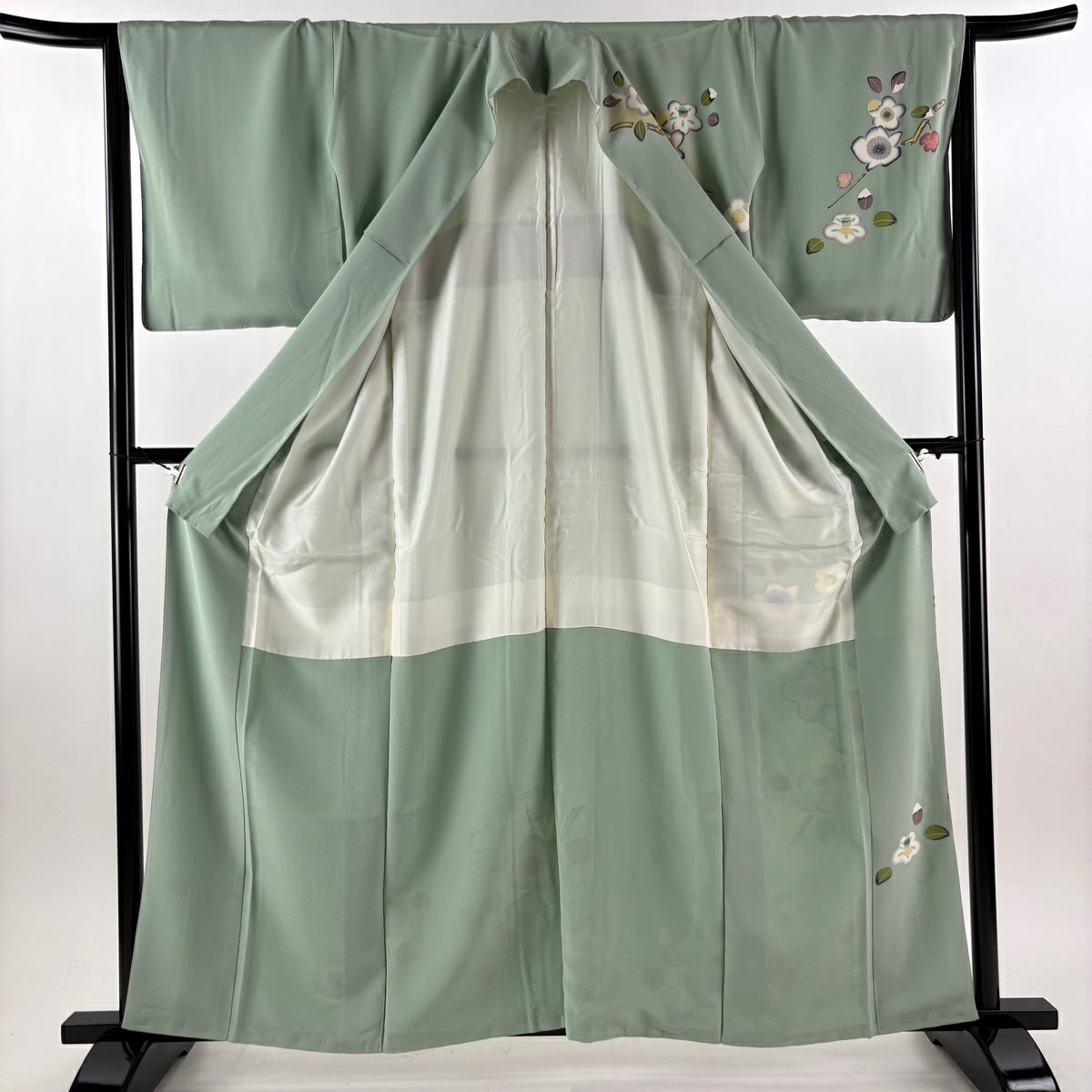 訪問服 身長161.5cm 袖長66cm M 雙層 落款あり 梅花 椿 漸層 灰綠 純蠶絲 秀品級