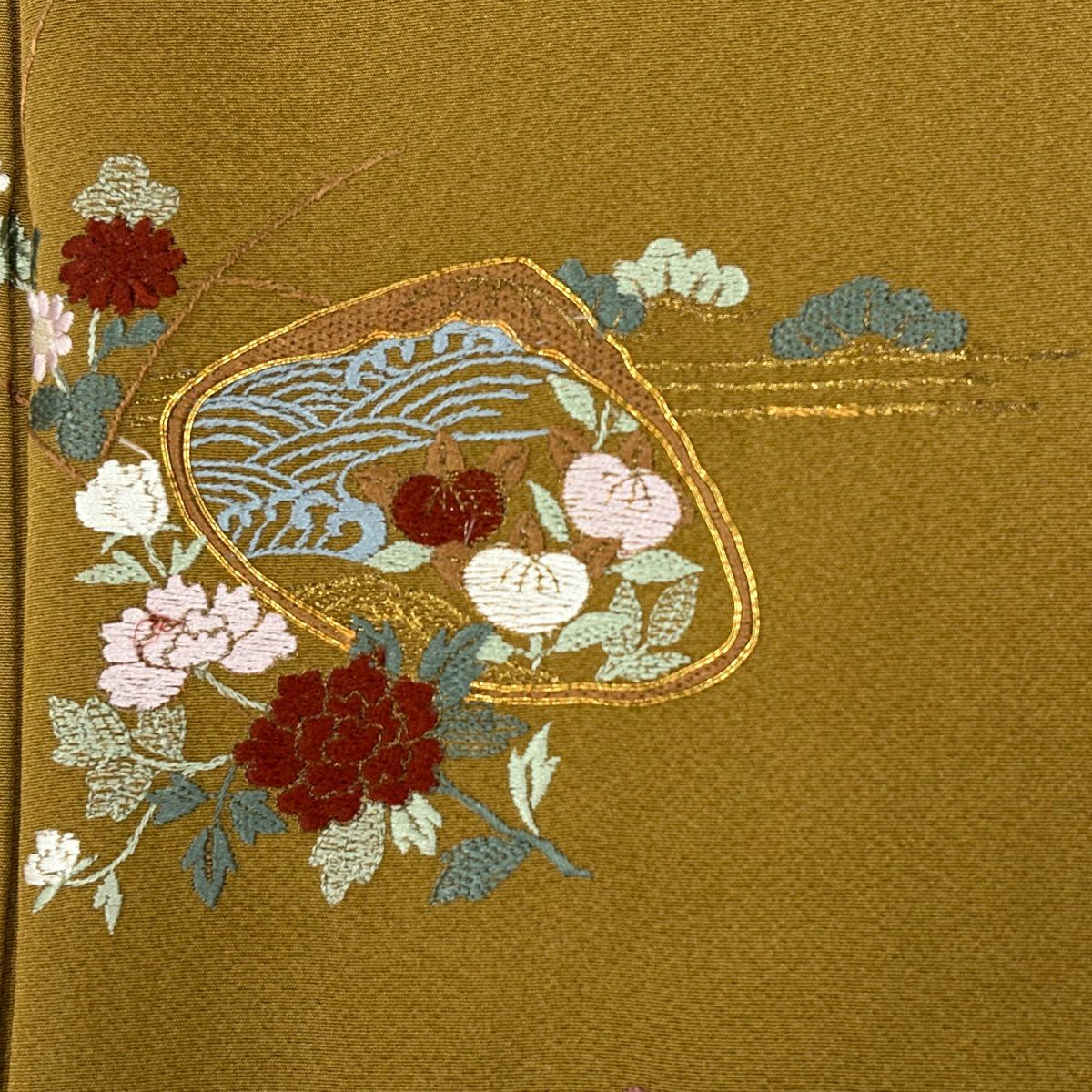付下 身長150cm 袖長63cm S 雙層 貝 草花紋紋 刺繡 金糸 黃土 純蠶絲 秀品級