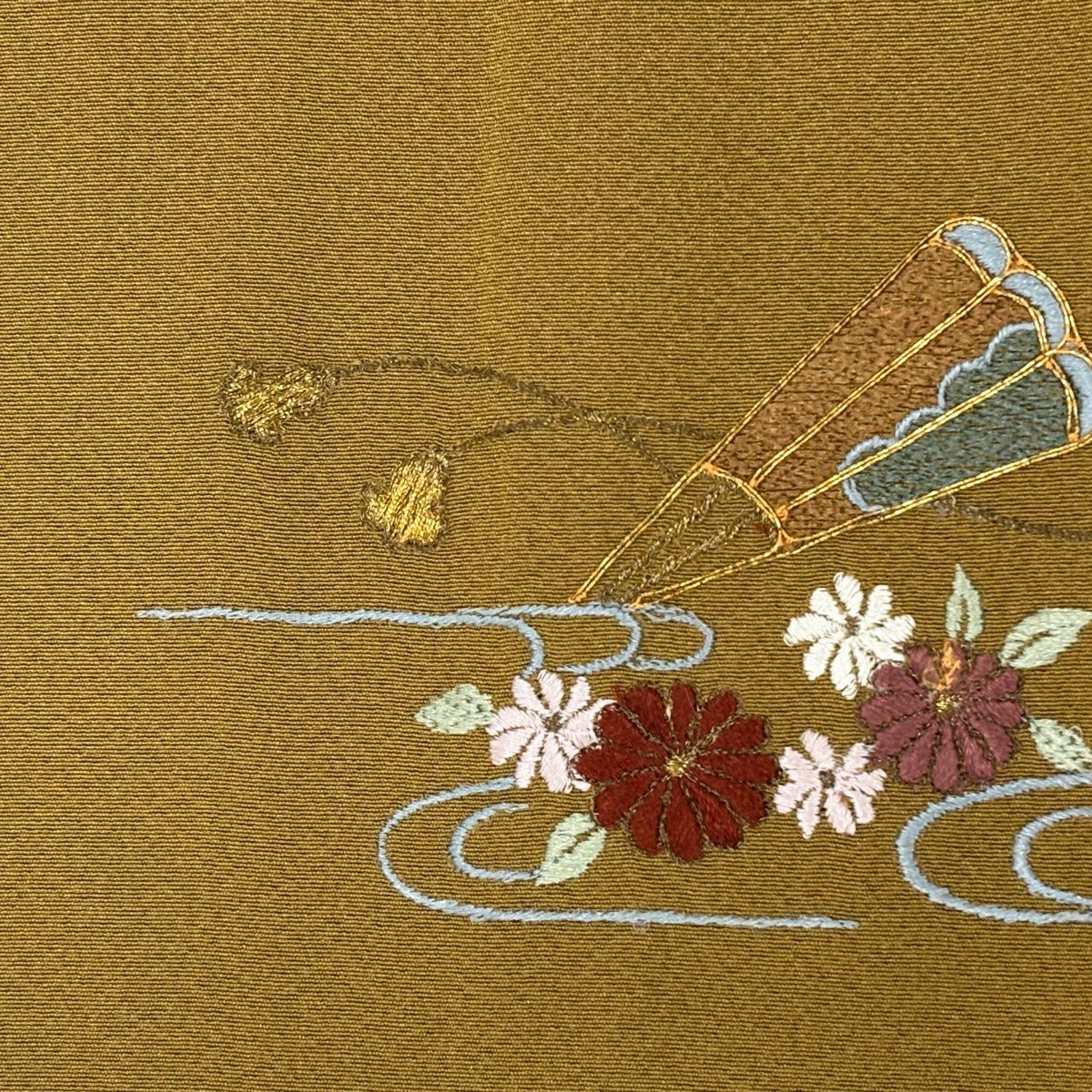 付下 身長150cm 袖長63cm S 雙層 貝 草花紋紋 刺繡 金糸 黃土 純蠶絲 秀品級