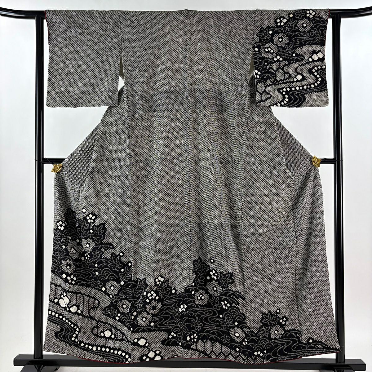 付下 身長156cm 袖長62cm S 雙層 草花紋紋 流水 總絞染 黑 純蠶絲 秀品級