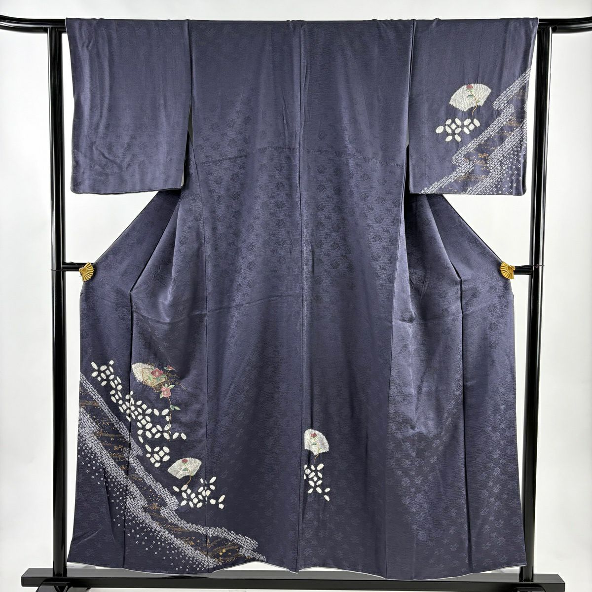 付下 身長154.5cm 袖長62cm S 雙層 扇子面 椿 刺繡 絞染 灰紫 純蠶絲 秀品級