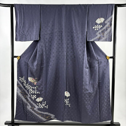 付下 身長154.5cm 袖長62cm S 雙層 扇子面 椿 刺繡 絞染 灰紫 純蠶絲 秀品級