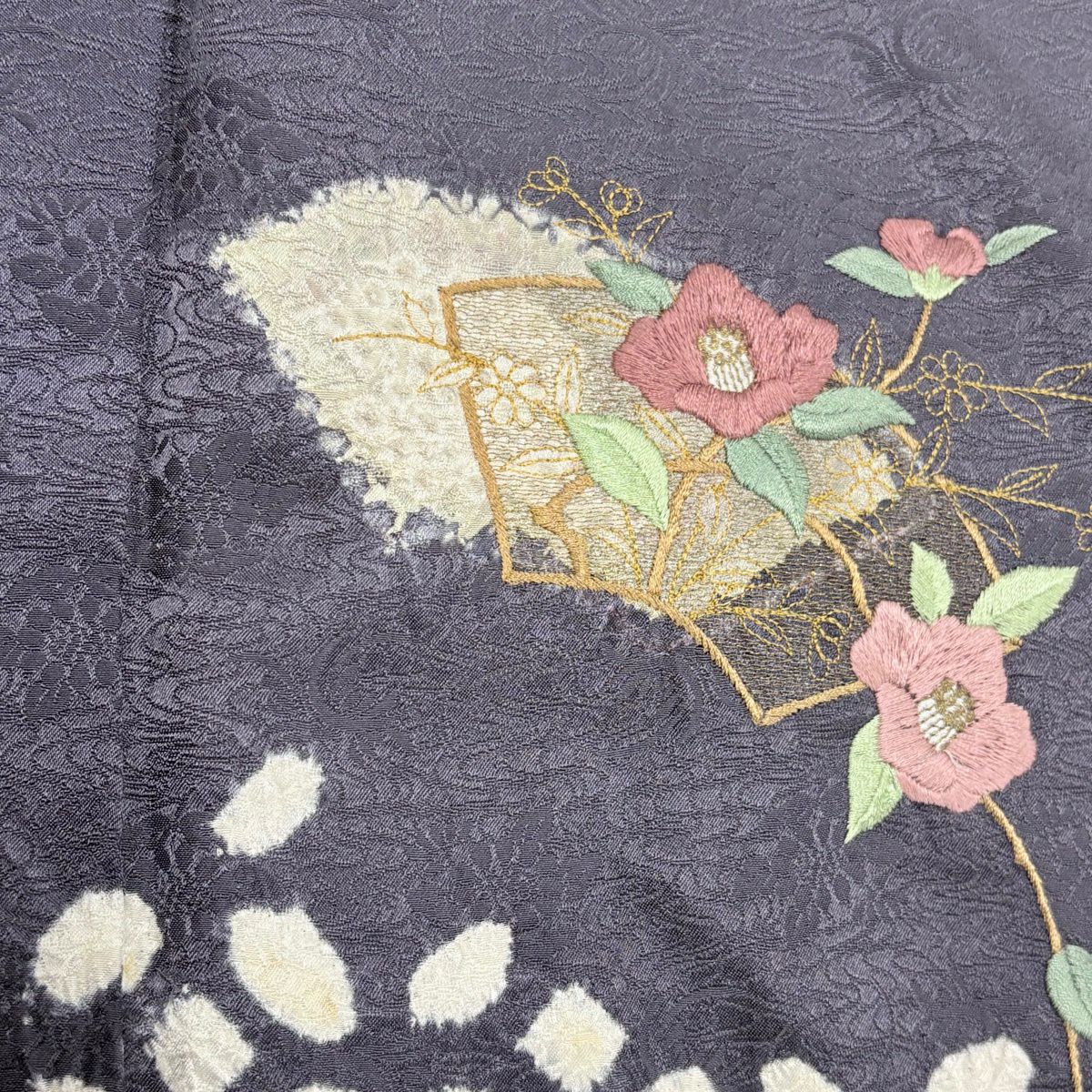 付下 身長154.5cm 袖長62cm S 雙層 扇子面 椿 刺繡 絞染 灰紫 純蠶絲 秀品級