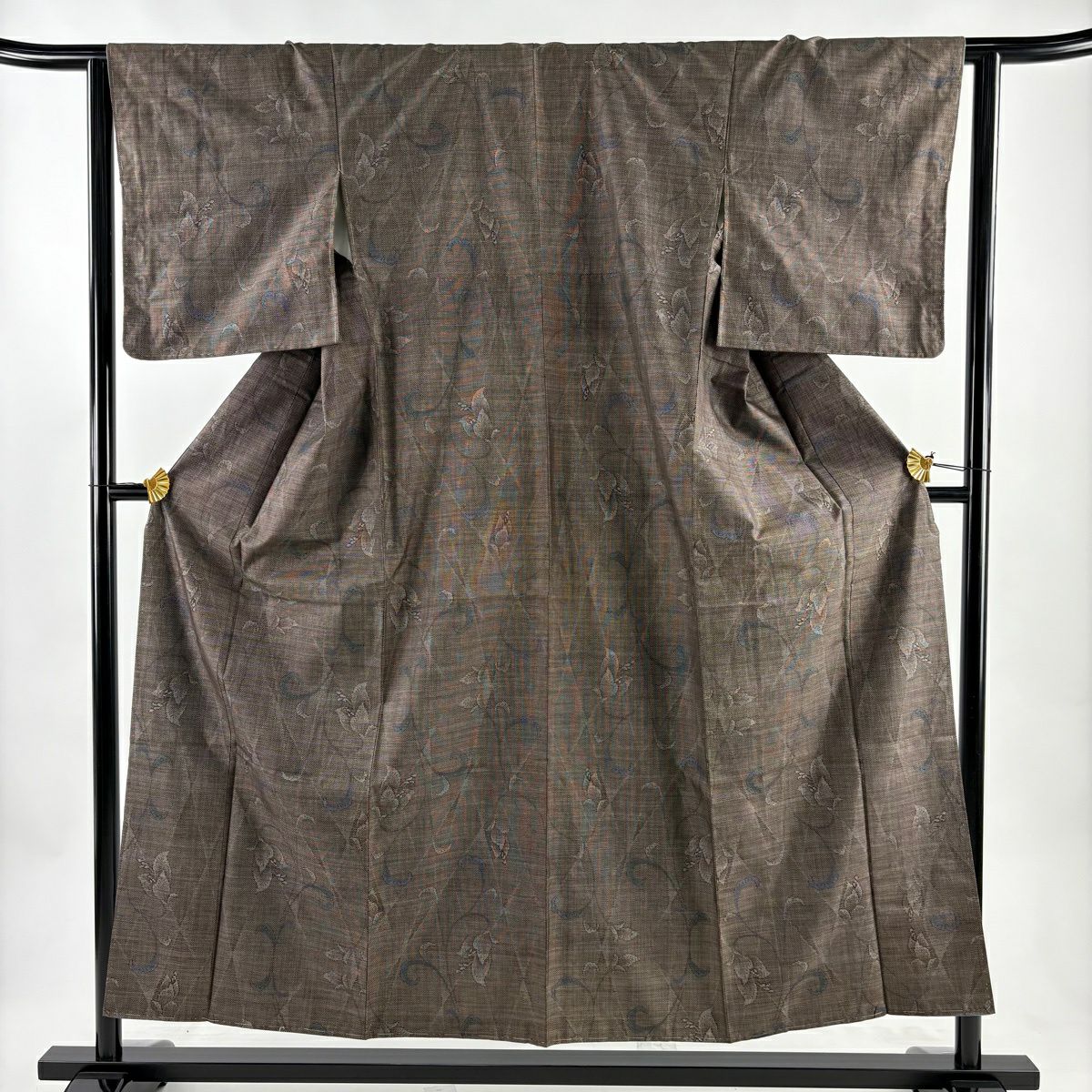 【美品】 大島紬織 身長155cm 袖長63.5cm S 雙層 花唐草紋 焦茶 純蠶絲 秀品級