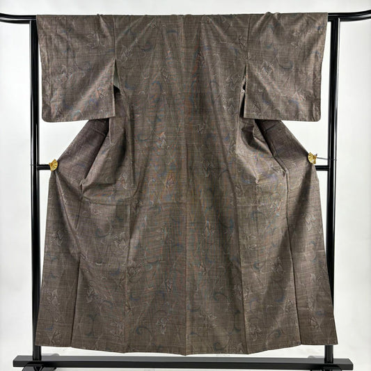 【美品】 大島紬織 身長155cm 袖長63.5cm S 雙層 花唐草紋 焦茶 純蠶絲 秀品級