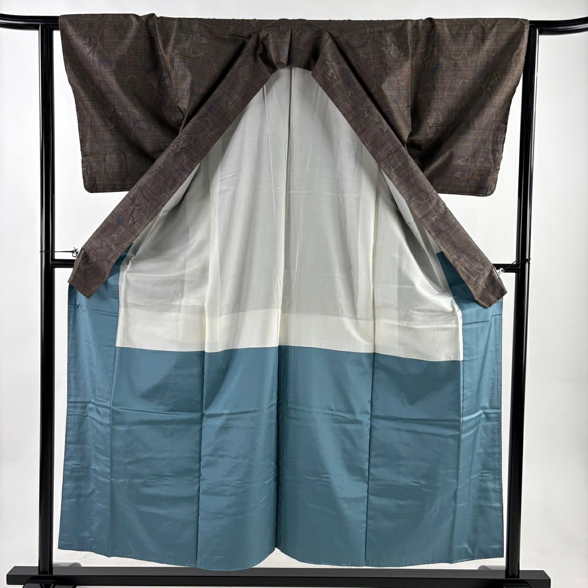 【美品】 大島紬織 身長155cm 袖長63.5cm S 雙層 花唐草紋 焦茶 純蠶絲 秀品級
