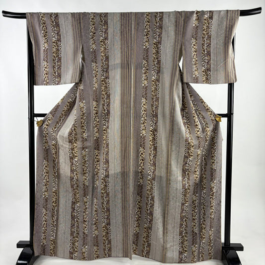 小紋 身長167cm 袖長69cm L 雙層 草花紋紋 縱條 薄小豆 純蠶絲 秀品級