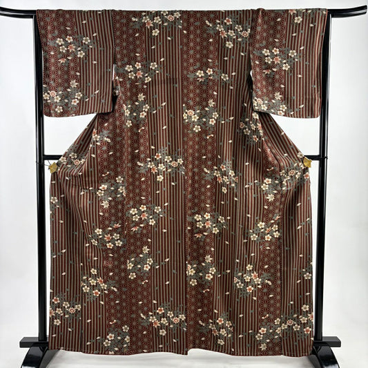 【美品】 小紋 身長163cm 袖長65cm M 雙層 麻葉 櫻花 紅茶 純蠶絲 秀品級