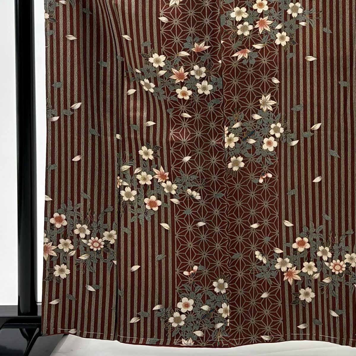 【美品】 小紋 身長163cm 袖長65cm M 雙層 麻葉 櫻花 紅茶 純蠶絲 秀品級