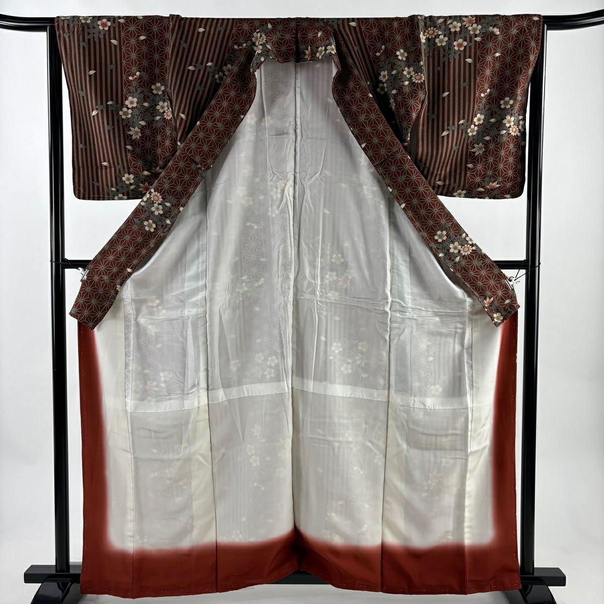 【美品】 小紋 身長163cm 袖長65cm M 雙層 麻葉 櫻花 紅茶 純蠶絲 秀品級