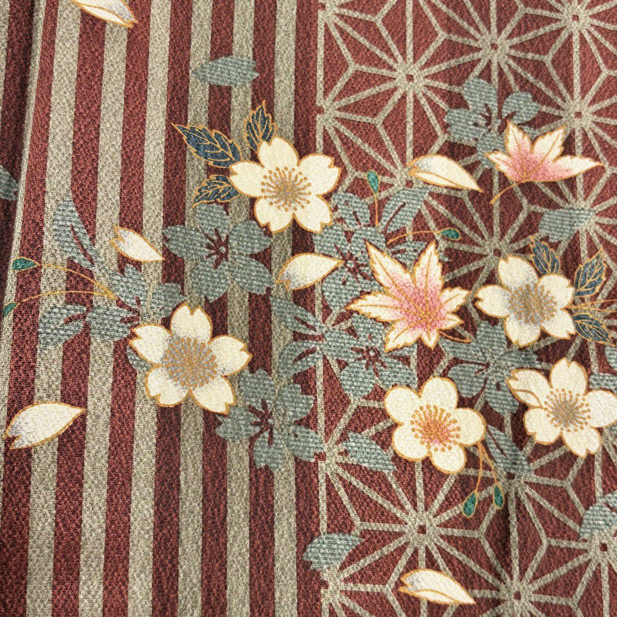 【美品】 小紋 身長163cm 袖長65cm M 雙層 麻葉 櫻花 紅茶 純蠶絲 秀品級