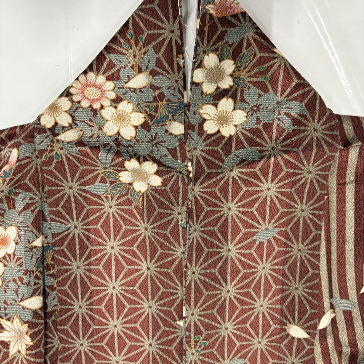 【美品】 小紋 身長163cm 袖長65cm M 雙層 麻葉 櫻花 紅茶 純蠶絲 秀品級