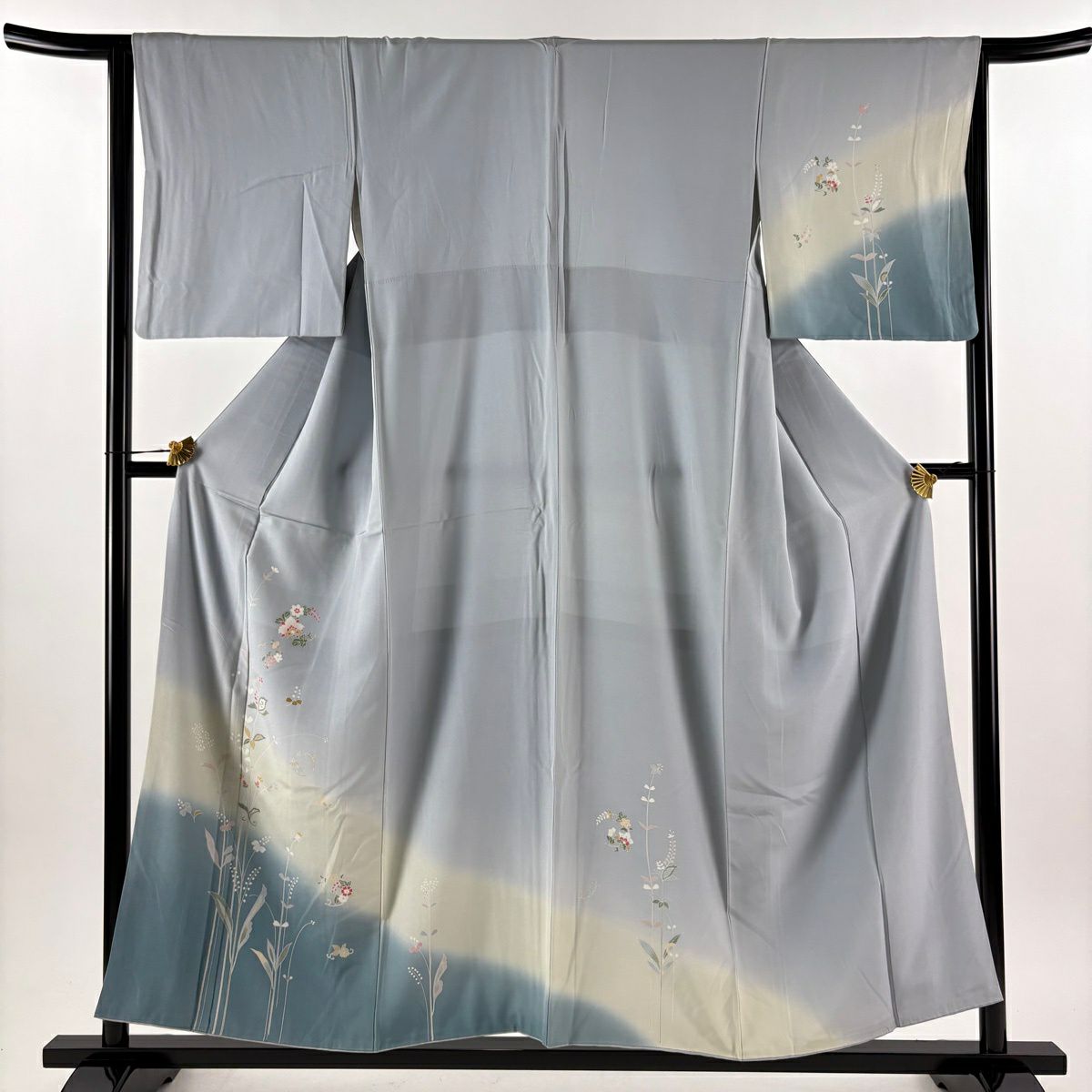 付下 身長152.5cm 袖長64cm M 雙層 草花紋紋 漸層 青灰 純蠶絲 優品級
