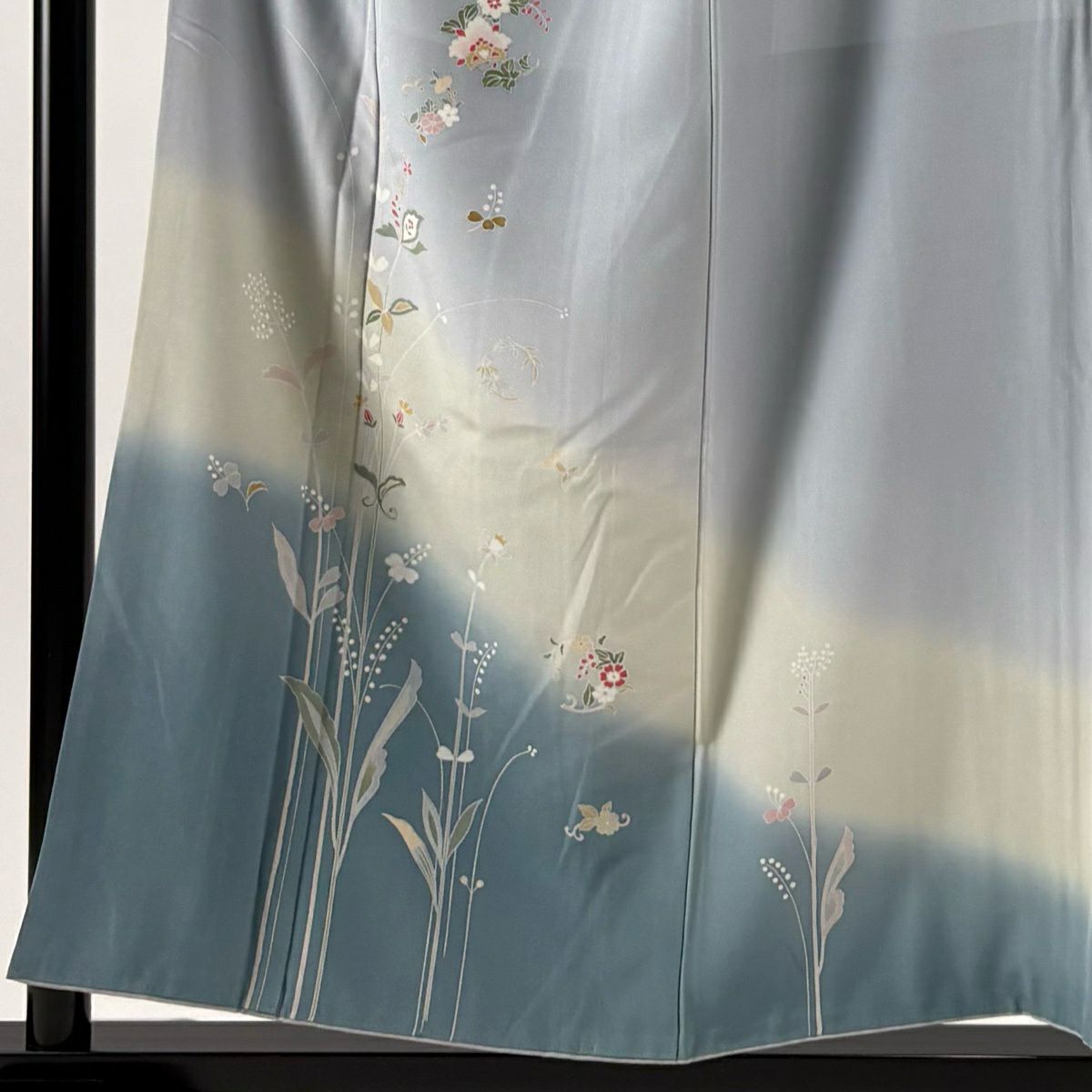 付下 身長152.5cm 袖長64cm M 雙層 草花紋紋 漸層 青灰 純蠶絲 優品級