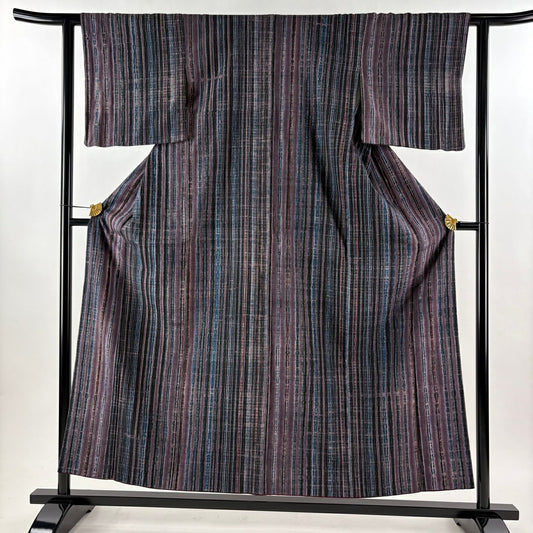 【美品】 小紋 身長153cm 袖長61cm S 雙層 紬織織 縱條 紫 純蠶絲 秀品級