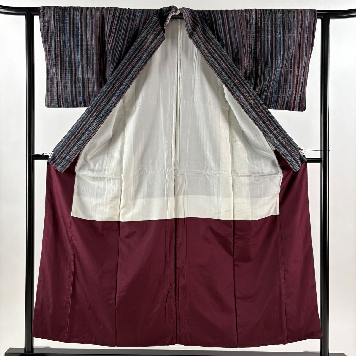 【美品】 小紋 身長153cm 袖長61cm S 雙層 紬織織 縱條 紫 純蠶絲 秀品級