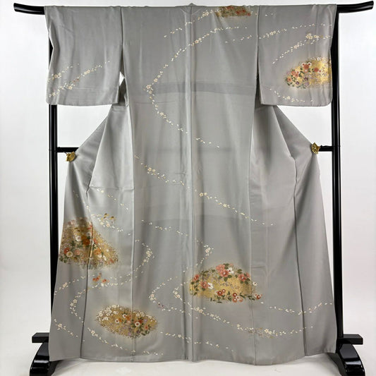 訪問服 身長166cm 袖長68cm L 雙層 菊花 草花紋 金絲 金銀彩 灰 純蠶絲 秀品級