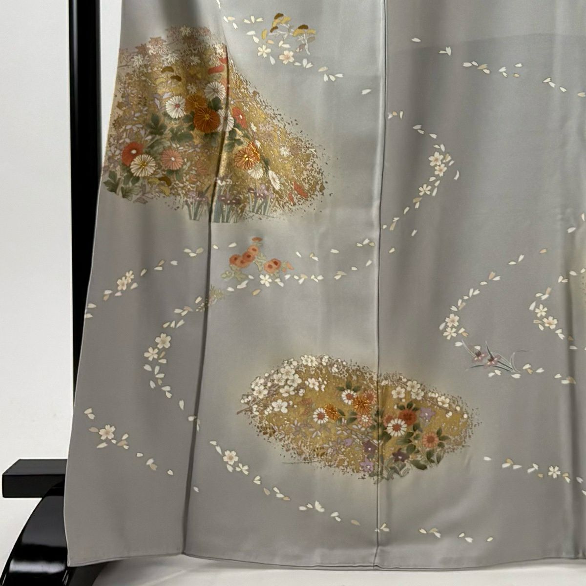 訪問服 身長166cm 袖長68cm L 雙層 菊花 草花紋 金絲 金銀彩 灰 純蠶絲 秀品級