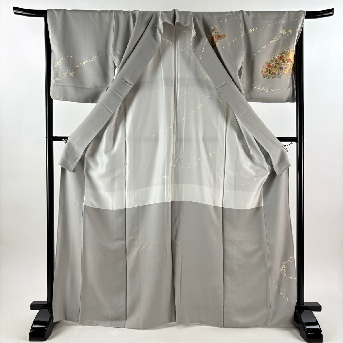 訪問服 身長166cm 袖長68cm L 雙層 菊花 草花紋 金絲 金銀彩 灰 純蠶絲 秀品級