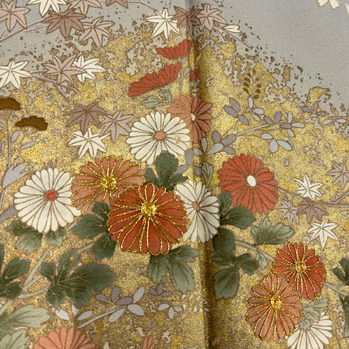 訪問服 身長166cm 袖長68cm L 雙層 菊花 草花紋 金絲 金銀彩 灰 純蠶絲 秀品級