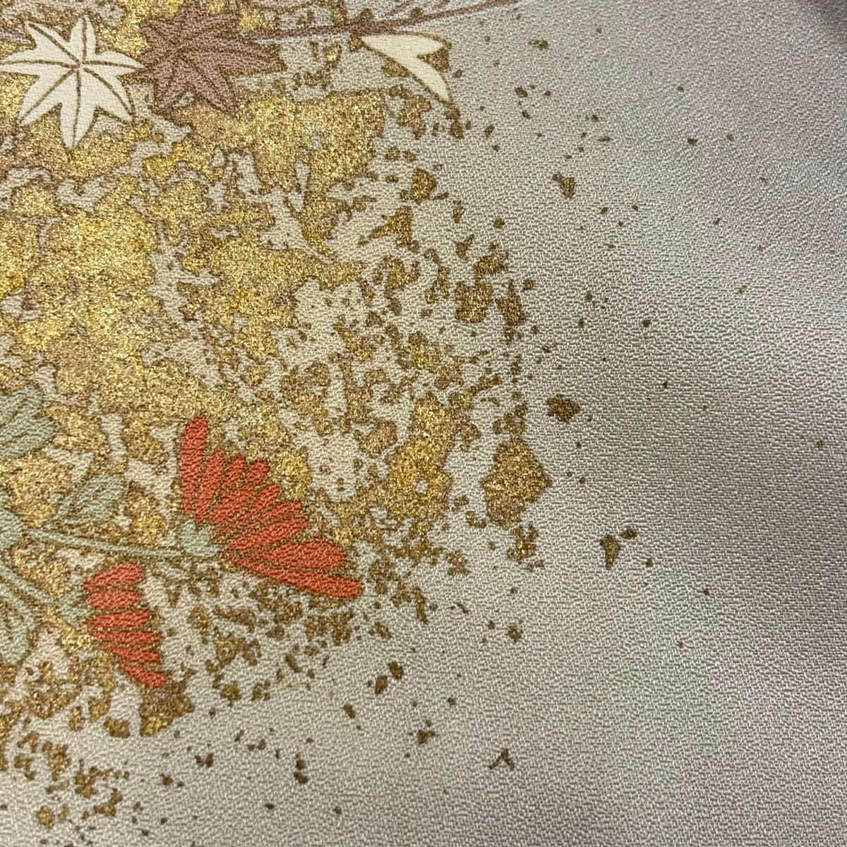 訪問服 身長166cm 袖長68cm L 雙層 菊花 草花紋 金絲 金銀彩 灰 純蠶絲 秀品級