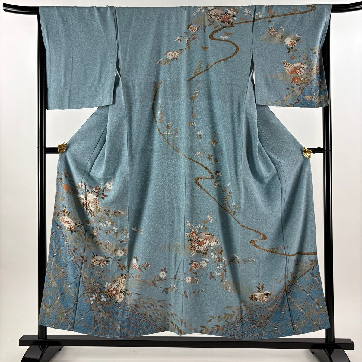 【美品】訪問服 身長153.5cm 袖長67cm M 雙層 扇子面 枝花 金彩裝飾 漸層 水藍 純蠶絲 優品級