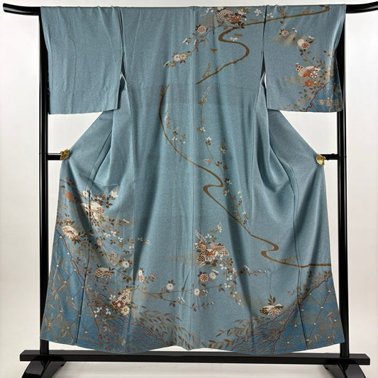 【美品】訪問服 身長153.5cm 袖長67cm M 雙層 扇子面 枝花 金彩裝飾 漸層 水藍 純蠶絲 優品級