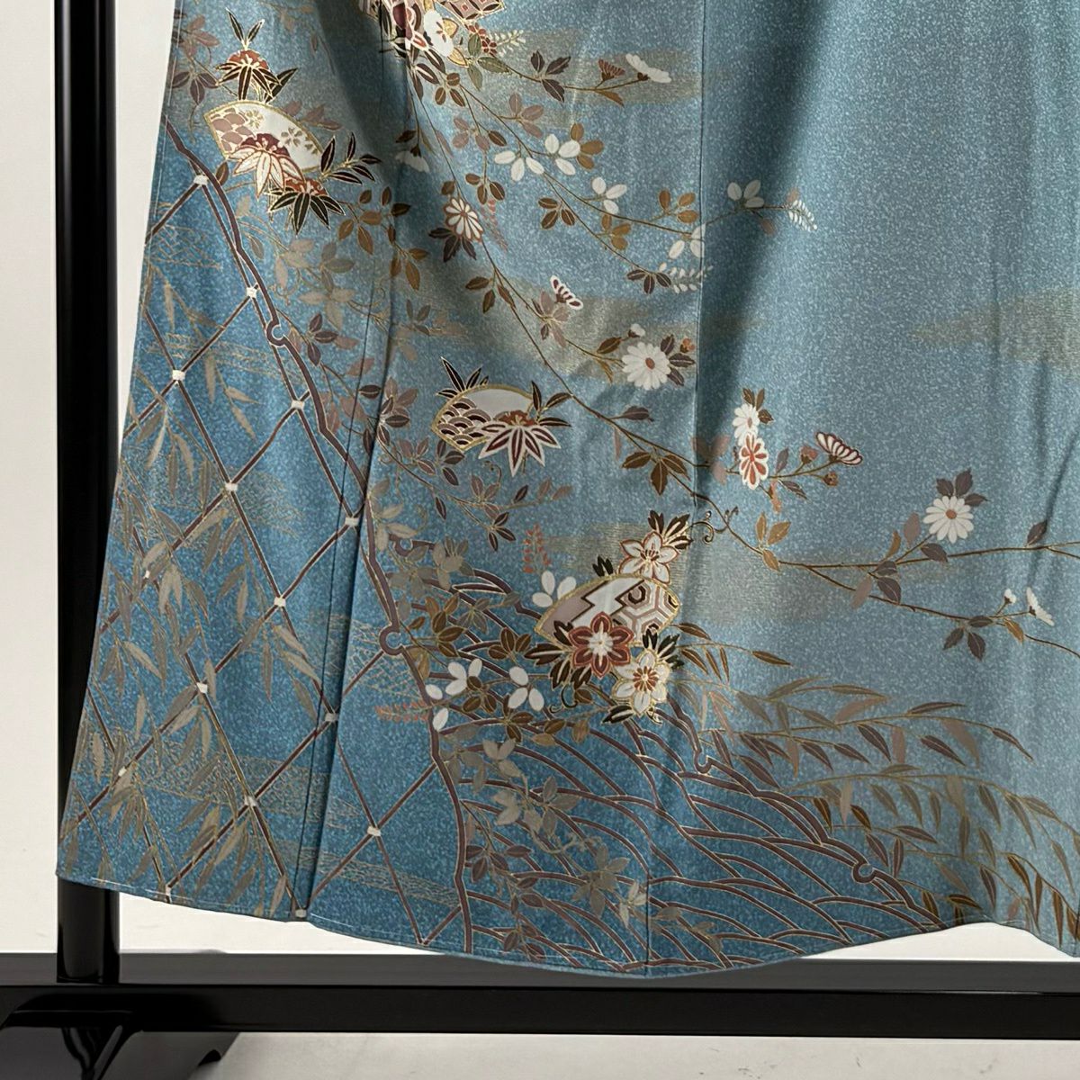 【美品】訪問服 身長153.5cm 袖長67cm M 雙層 扇子面 枝花 金彩裝飾 漸層 水藍 純蠶絲 優品級
