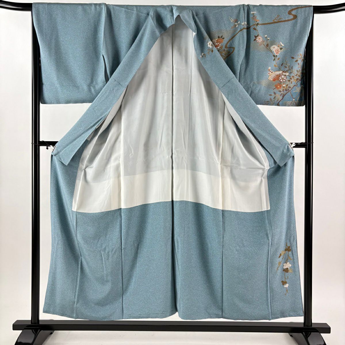 【美品】訪問服 身長153.5cm 袖長67cm M 雙層 扇子面 枝花 金彩裝飾 漸層 水藍 純蠶絲 優品級
