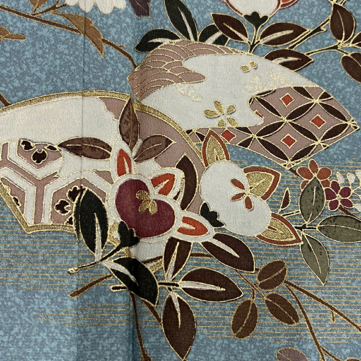 【美品】訪問服 身長153.5cm 袖長67cm M 雙層 扇子面 枝花 金彩裝飾 漸層 水藍 純蠶絲 優品級