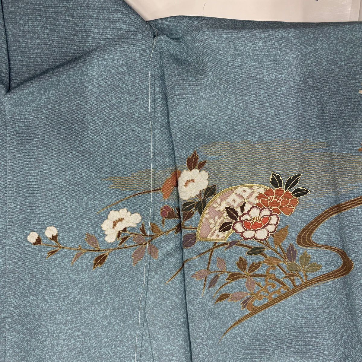 【美品】訪問服 身長153.5cm 袖長67cm M 雙層 扇子面 枝花 金彩裝飾 漸層 水藍 純蠶絲 優品級