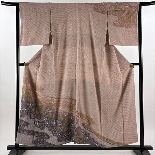 訪問服 身長152.5cm 袖長65cm M 雙層 草花紋紋 流水 金彩裝飾 絞染 粉米色 純蠶絲 秀品級