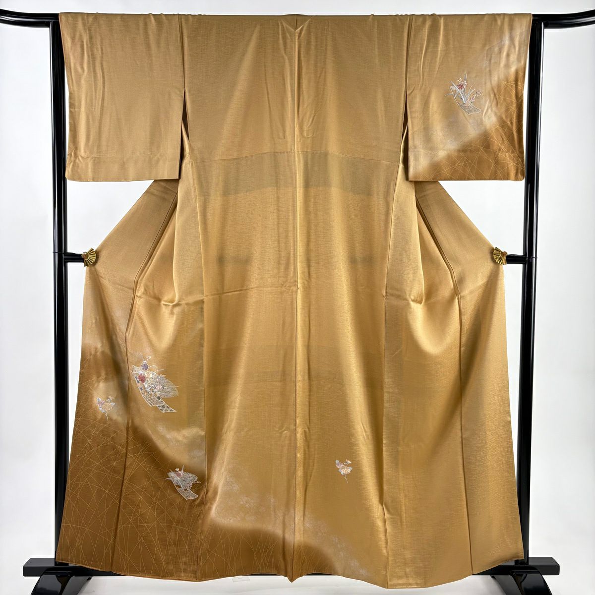 【美品】 付下 身長159.5cm 袖長64cm M 雙層 短冊 草花紋紋 刺繡 金彩裝飾 淺茶 純蠶絲 優品級