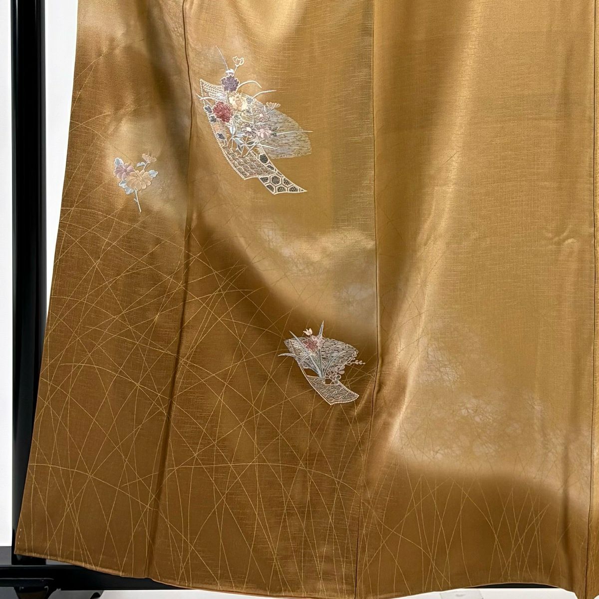 【美品】 付下 身長159.5cm 袖長64cm M 雙層 短冊 草花紋紋 刺繡 金彩裝飾 淺茶 純蠶絲 優品級